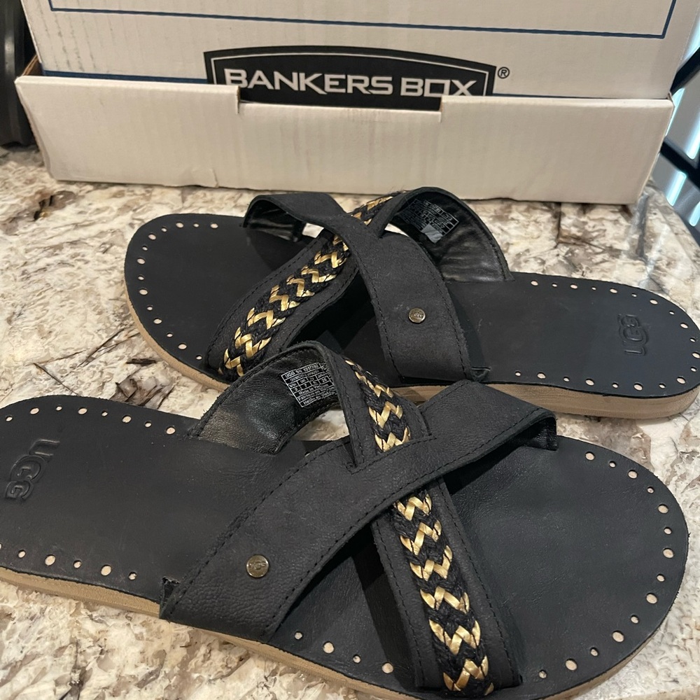 UGG Black and Tan Slide Sandals with Chevron Detail